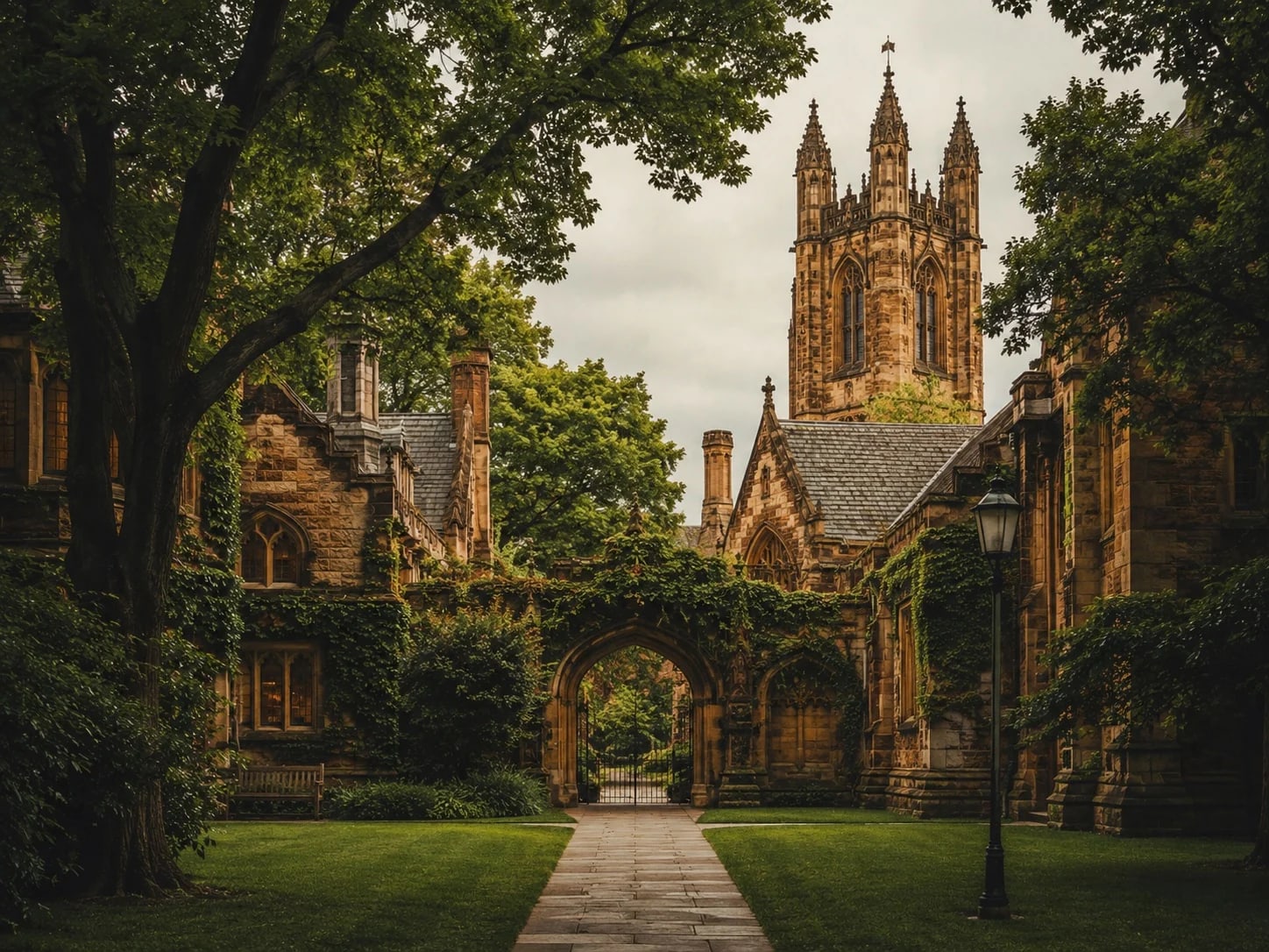 Student walking across a campus courtyard.